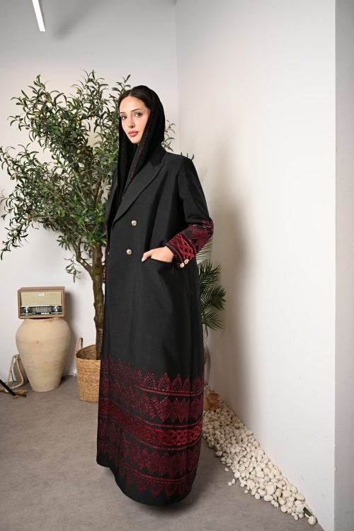 عباية سوداء فاخرة بتطريز أحمر FA 623