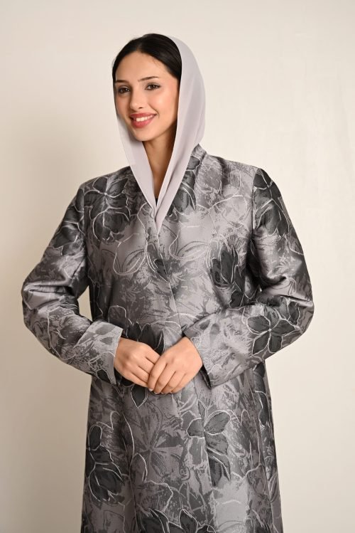 عباية فاخرة بنقشة زهور رمادية FA 626